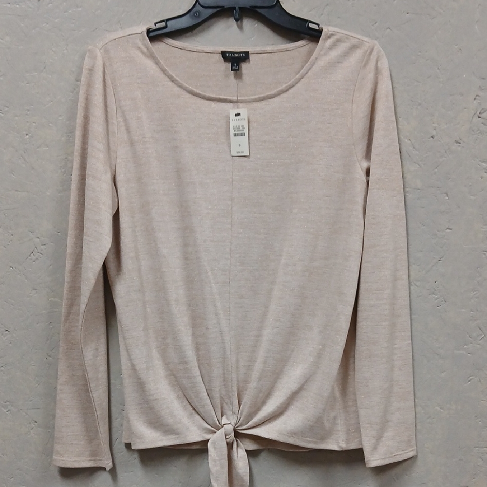 Talbots Tan Tie Front Metallic Long Sleeve Top Small